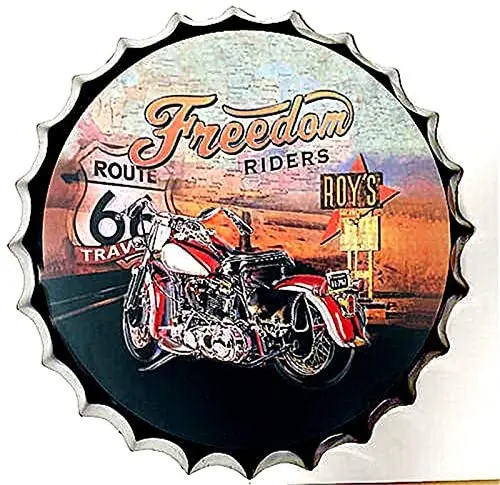 

Royal Tin Sign Bottle Cap Metal Tin Sign Motorcycles Route 66 Road Diameter 13.8 inches, Round Metal Signs for Home