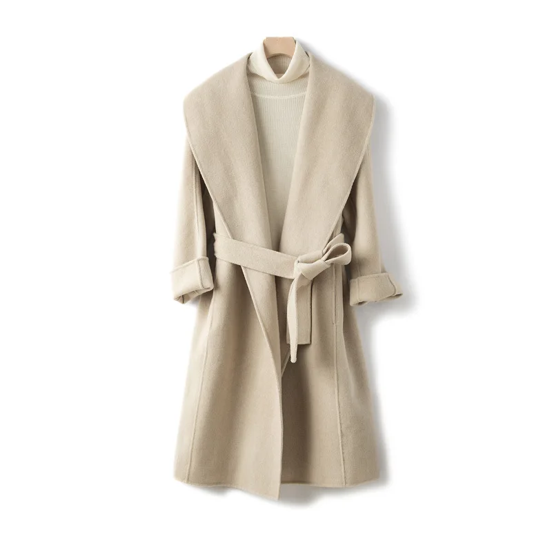 

Coat Women Winter 2020 Women Coats High Quality Double-faced Cashmere Korea style Slim Wool Long Apricot Pink 100%Coat Plus Size