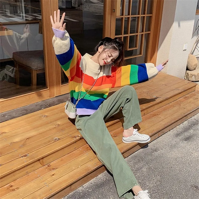 Harajuku Streetwear 2019 Autumn Rainbow Puff Sleeve Sweater Women Loose Knitting Pullovers Ladies Vintage Jumper Sueter Mujer | Женская