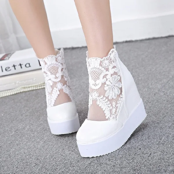 

2021 New Fashion Sweet Lace Shoes Women Wedge Heels Platform Pumps High Sandals Zapatos Plataforma Mujer Encaje 3 COLORS