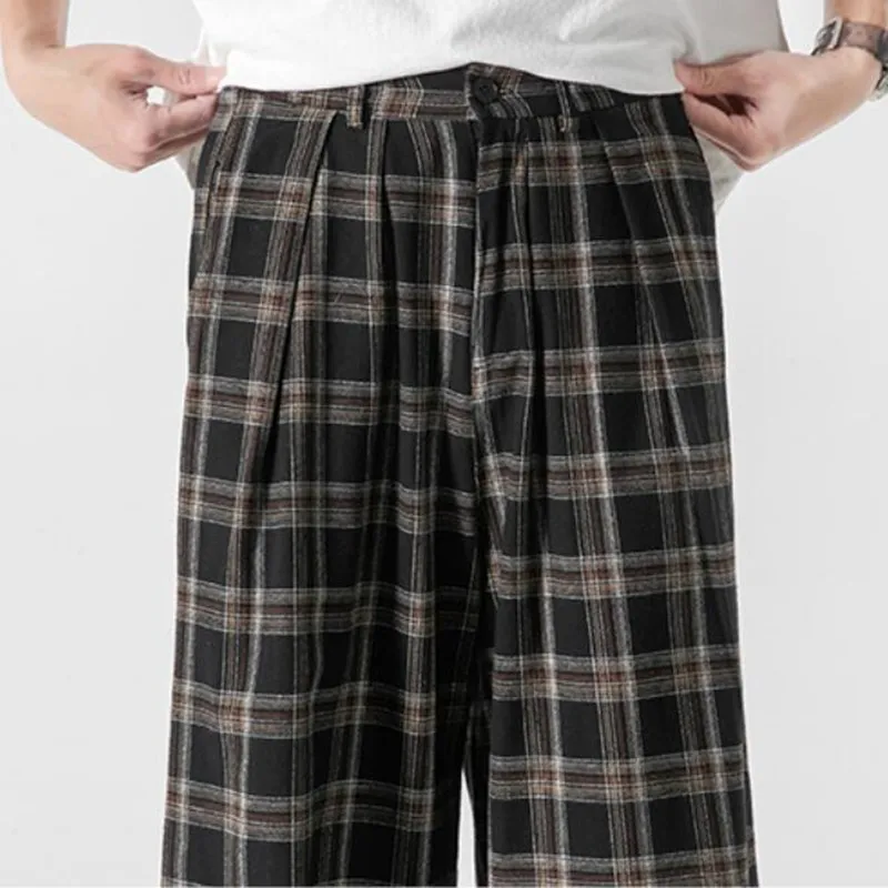 

2021 Men New Loose Japan Harajuku style Grid Wide TrousersMen Casual Drawstring Elastic Leg opening Ankle Length Pants S-3XL