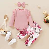 3pcs baby girl outfit set newborn toddler girls clothes ruffle long sleeve romper bodysuit floral bow pantsheadband infant