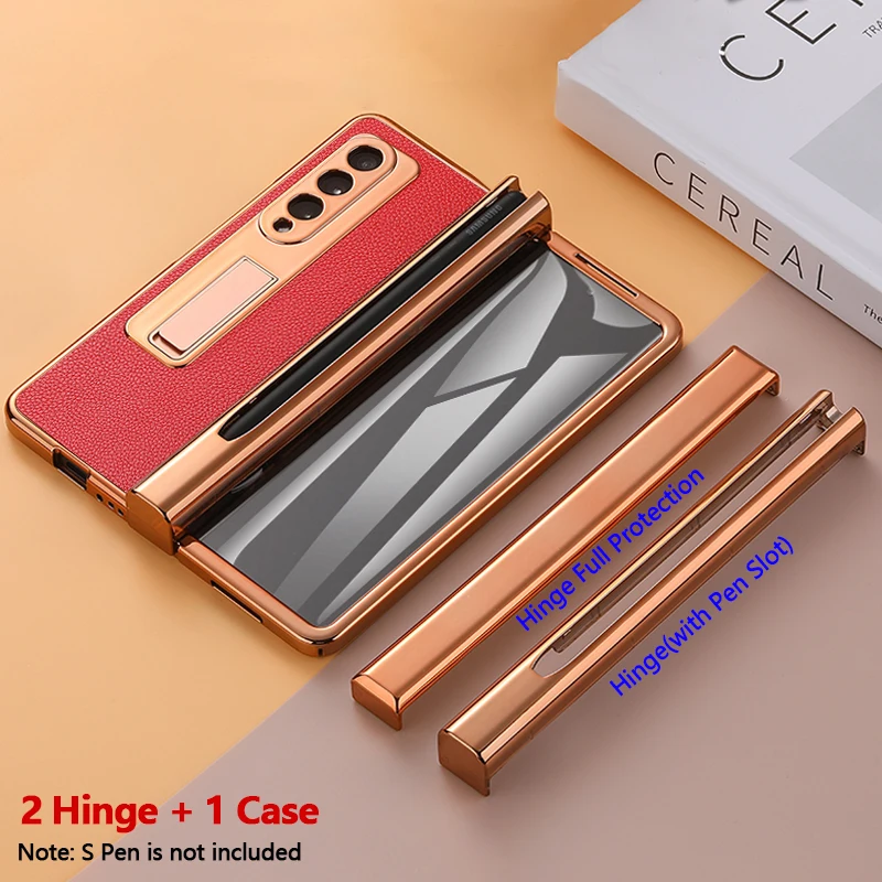 2 pcs hinge for samsung galaxy z fold 3 5g case with s pen slot front screen glass stand holder litchi leather cover no s pen free global shipping