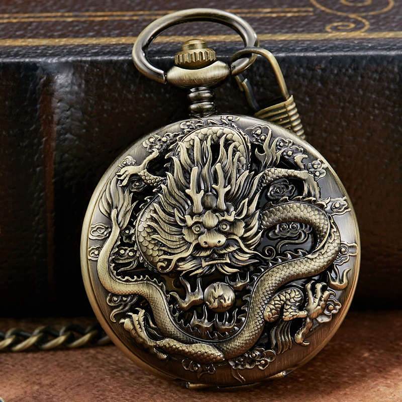 Luxury Dragon Mechanical Pocket Watch Skeleton Laser Engraved Case Bronze Fob Chain Clock for Men Women Collection Dropshipping