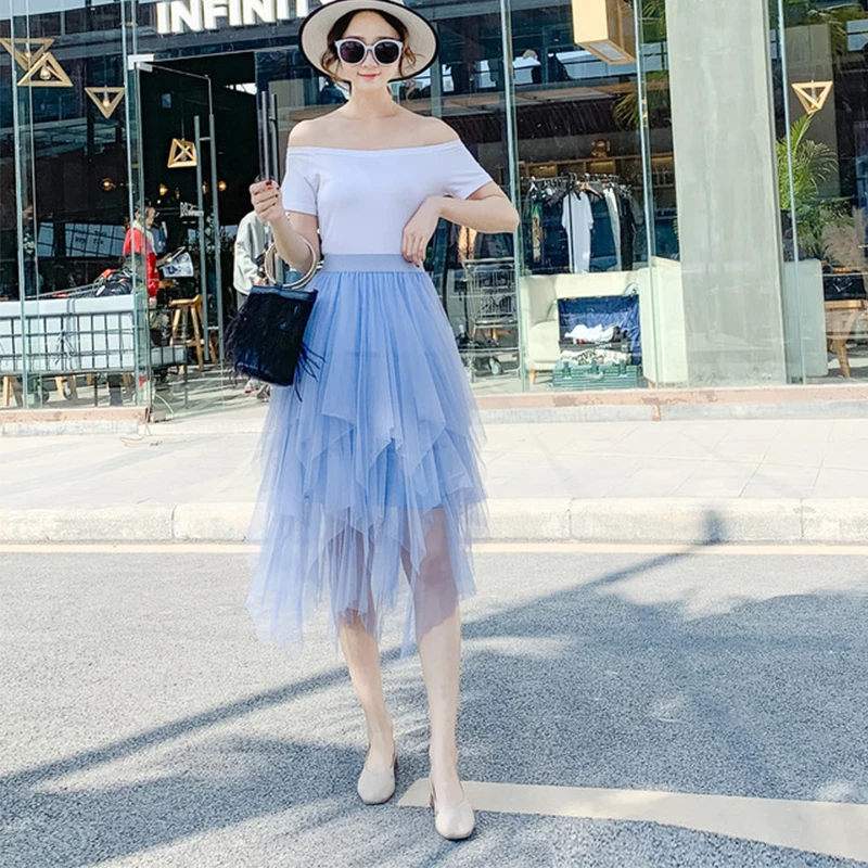 

Gauze Midi Skirt Spring Summer Women's Tulle Irregular Hem Party Club Clothing Female Streetwear for Teenage Girls Kawaii Cute