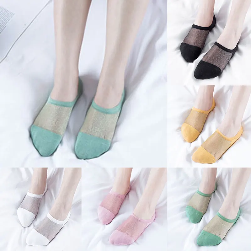 

1Pair Summer Women Socks Ultra-Thin Silk glitter Glass Socks Fashion Solid Color Transparent Invisible Boat Socks Woman