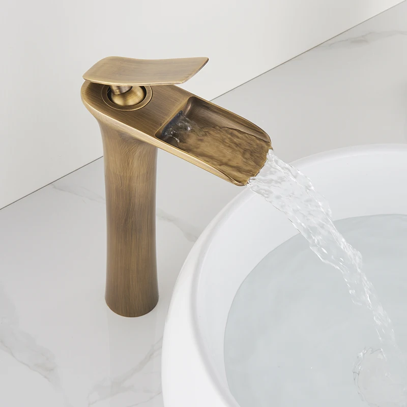 Смеситель для раковины Suguword с водопадом в ванной комнате, античной латунью, на пьедестале, для горячей и холодной воды, короткий и высокий тип.