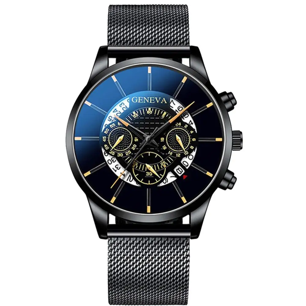 2020 Fashion Mens Business Casual Date Calendar Watches Luxury Blue Stainless Steel Mesh Belt Quartz Watch for Man Clock | Наручные часы