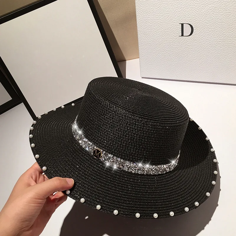 Шляпа Соломенная женская с плоским верхом модная шапка для отдыха пляжа жемчугом