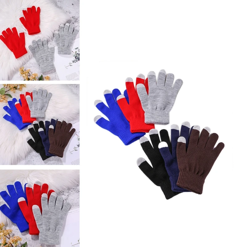 

6 Pairs Unisex Thicken Knitted Touch Screen Gloves Simple Solid Color Windproof Warm Stretchy Full Finger Texting Mitten