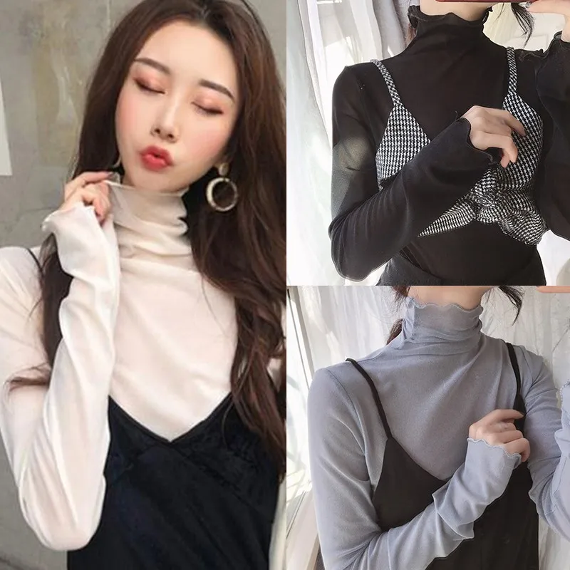 

Spring Women Fashion Wild Solid Color Top Clothes Female Chiffon High Neck Long Sleeve Bottoming T-Shirt