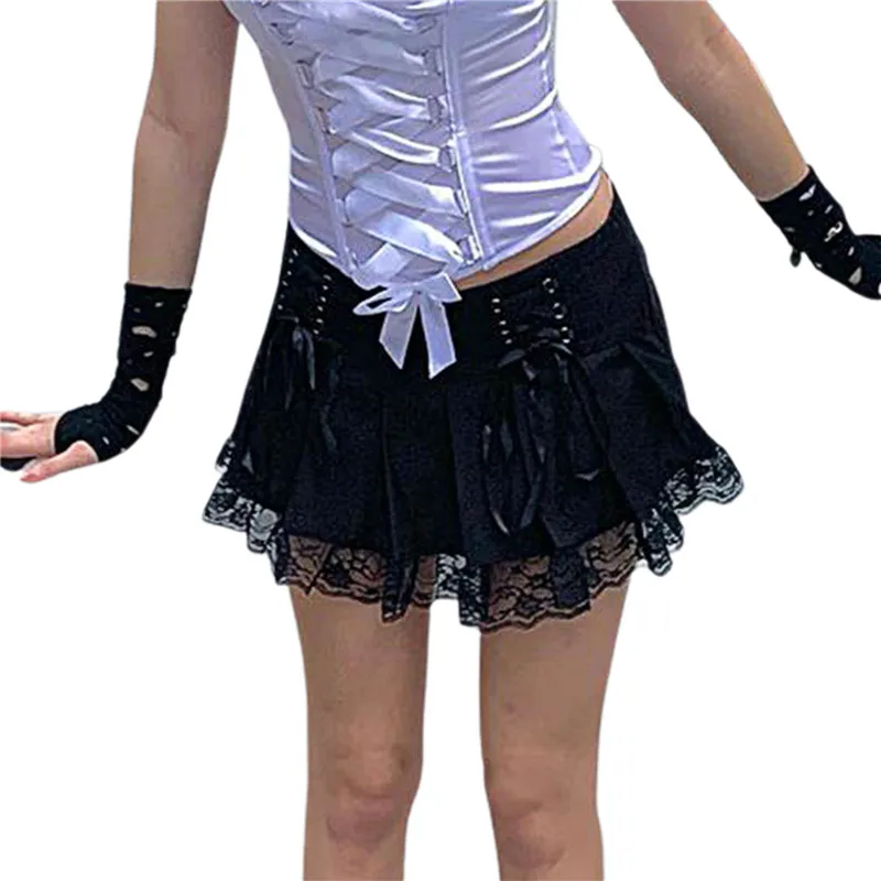 

Women Harajuku Goth Skirt Y2K Aesthetic Lace Patchwork Mini Pleated Skirts Black High Waist Lace Up Ruffle Short Skirts