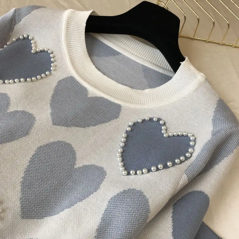 

Fashion Love printed knitted two peice suit women long sleeve sweater tops and solid colors casual pants female korean suit