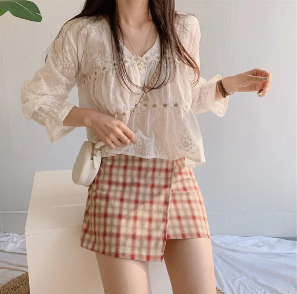 S-XL de manga larga para mujer, blusa extragrande blanca, minifaldas, de cintura alta, para primavera y verano