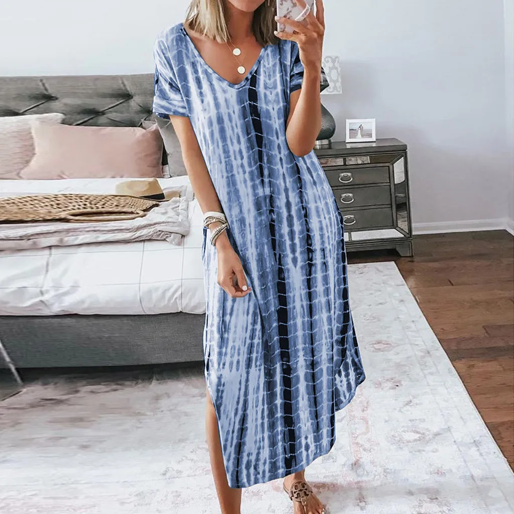 SAGACE Ladies Printed Plus Size Dresses Fashion Short-sleeved Dress Casual V-Neck Summer Split Mid-Calf | Женская одежда