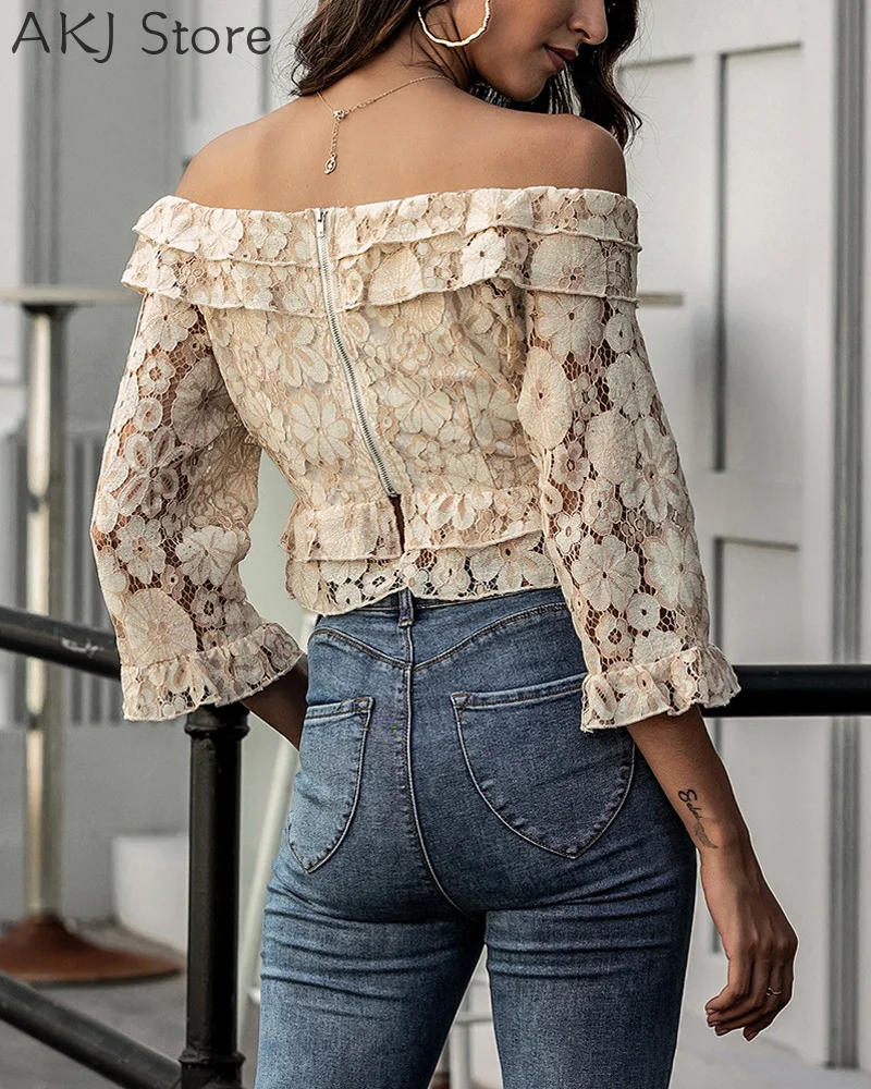 

Elegant Off Shoulder Hollow-out Lace Floral Blouse Women Casual Slim Criss-Cross Ruffles Sleeve Short Blouse