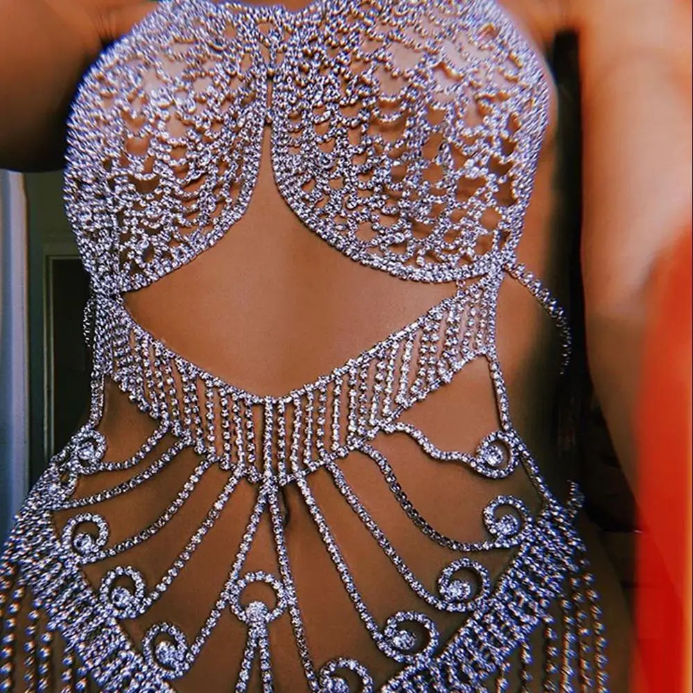 

Full Body Chain Harness Crystal Bra Set Tassel Rhinestone Bodysuit Jewelry Slim Bikini Gift For Women