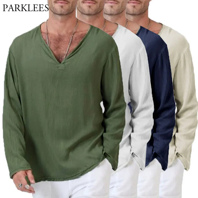 Мужская льняная рубашка с длинным рукавом Повседневная Свободная v образным