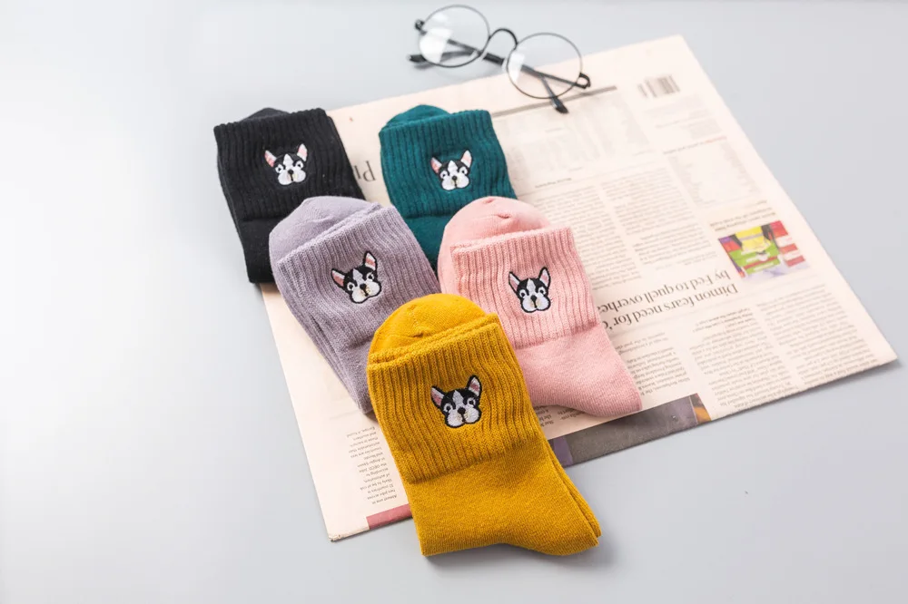 Socks for women cotton embroidery French bulldog sock ladies cartoon winter thick socks female casual kawaii sox dropshipping