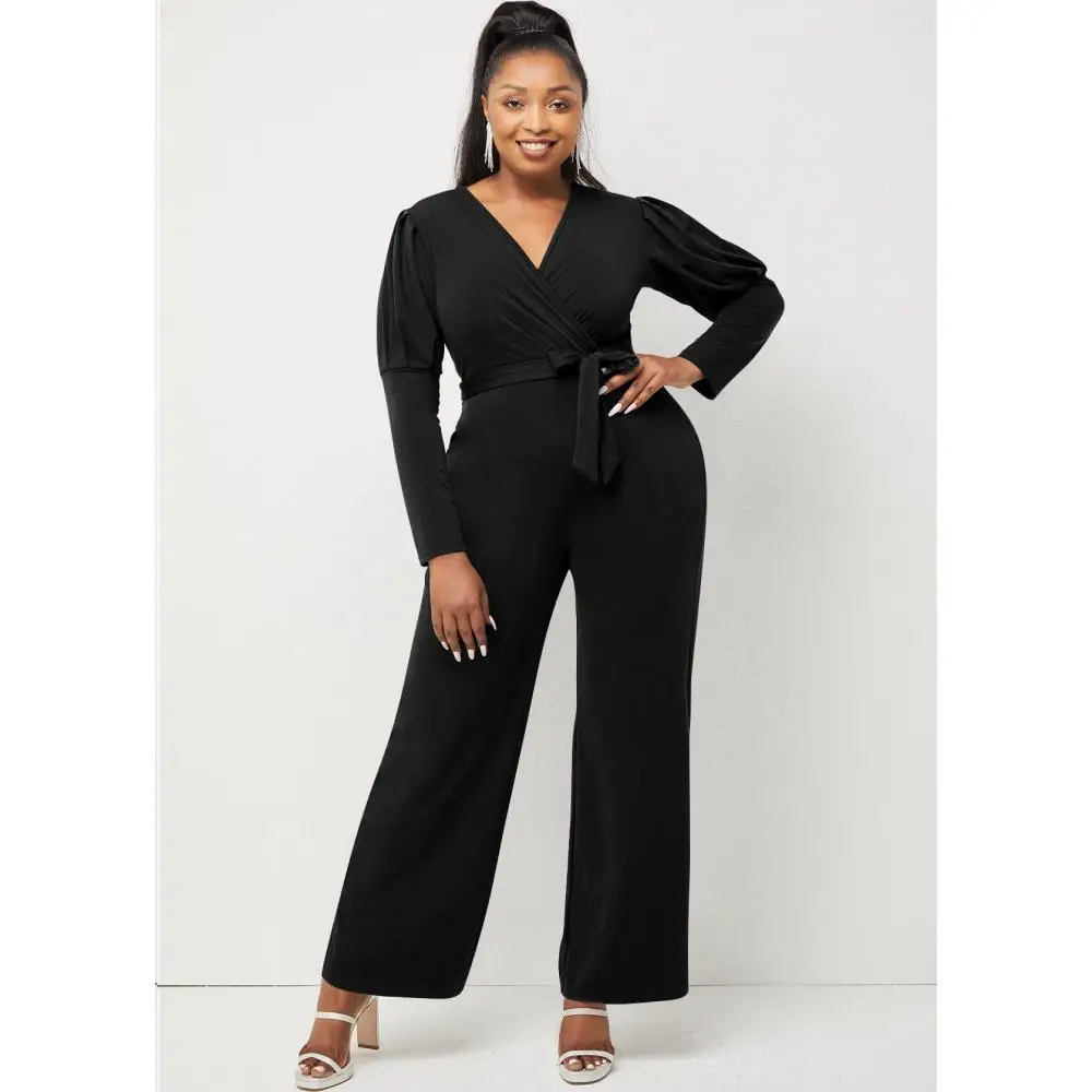

Pure Color Fall Deep V-neck Long Bubble Sleeve Casual Wide Leg Jumpsuit Office Lady Elegant Mid Waist One Piece Romper with Belt