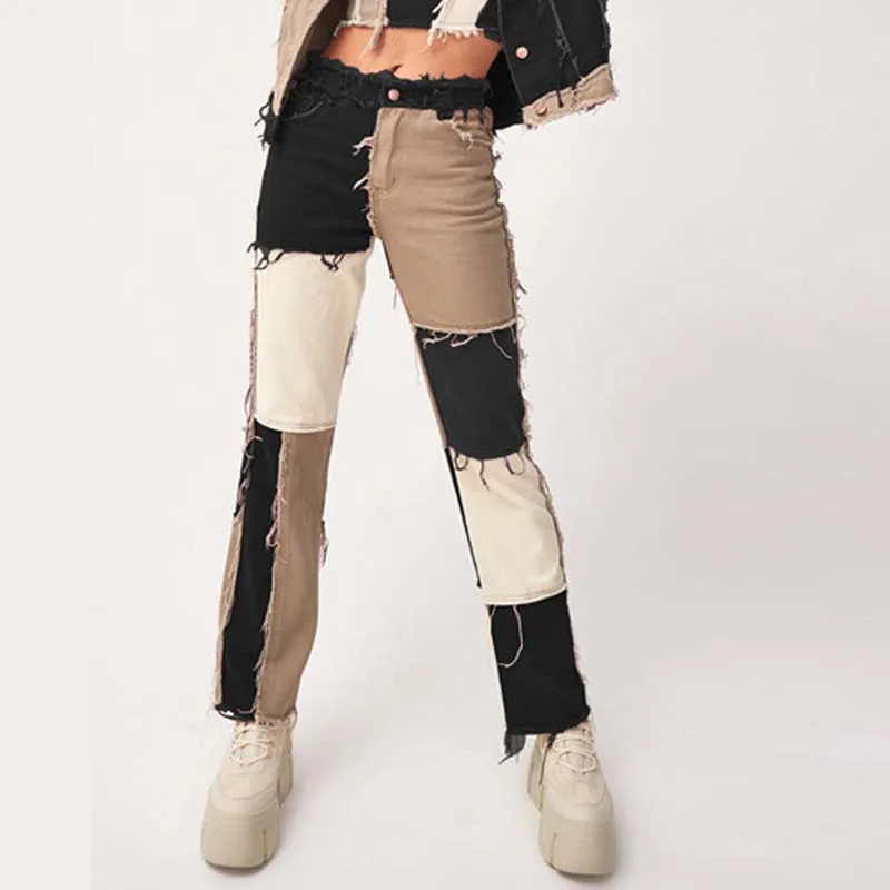 

Girl High Waist Patchwork Straight Pants Elegant Women Streetwear Color Block Jeans Trendy Sexy Trouser Black Stitch Fall Pants