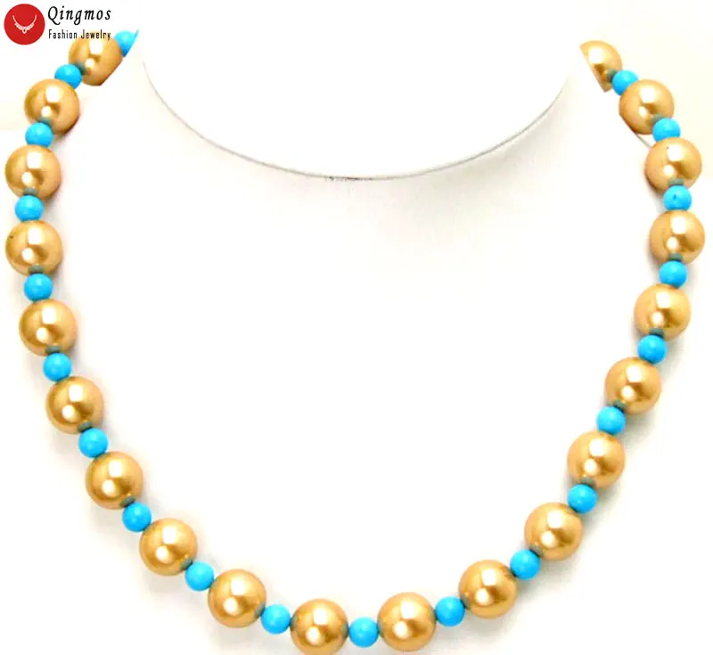 

Qingmos Trendy 12mm Round Champagne Sea Shell Pearl Necklace for Women with 4mm Blue TURQUOISES Necklace Jewelry 17" Chokers