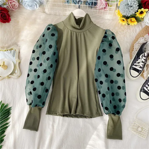 army green Neploe, женские осенние зимние топы, в горошек, марля, рукав-фонарик, пэчворк, пуловер, корейский Ретро стиль, водолазка, тонкие Джемперы 55940 - Цвет: army green