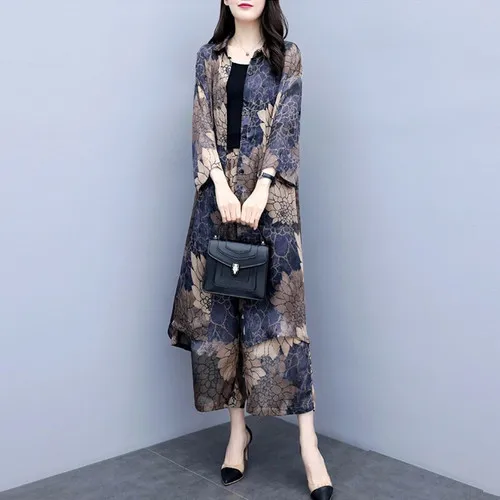 

Floral Print Women 2 Piece Set Top And Pants Chiffon Wide Leg Pants Ensemble Femme 2 Pieces Pantalon Grande Taille Women's Suit