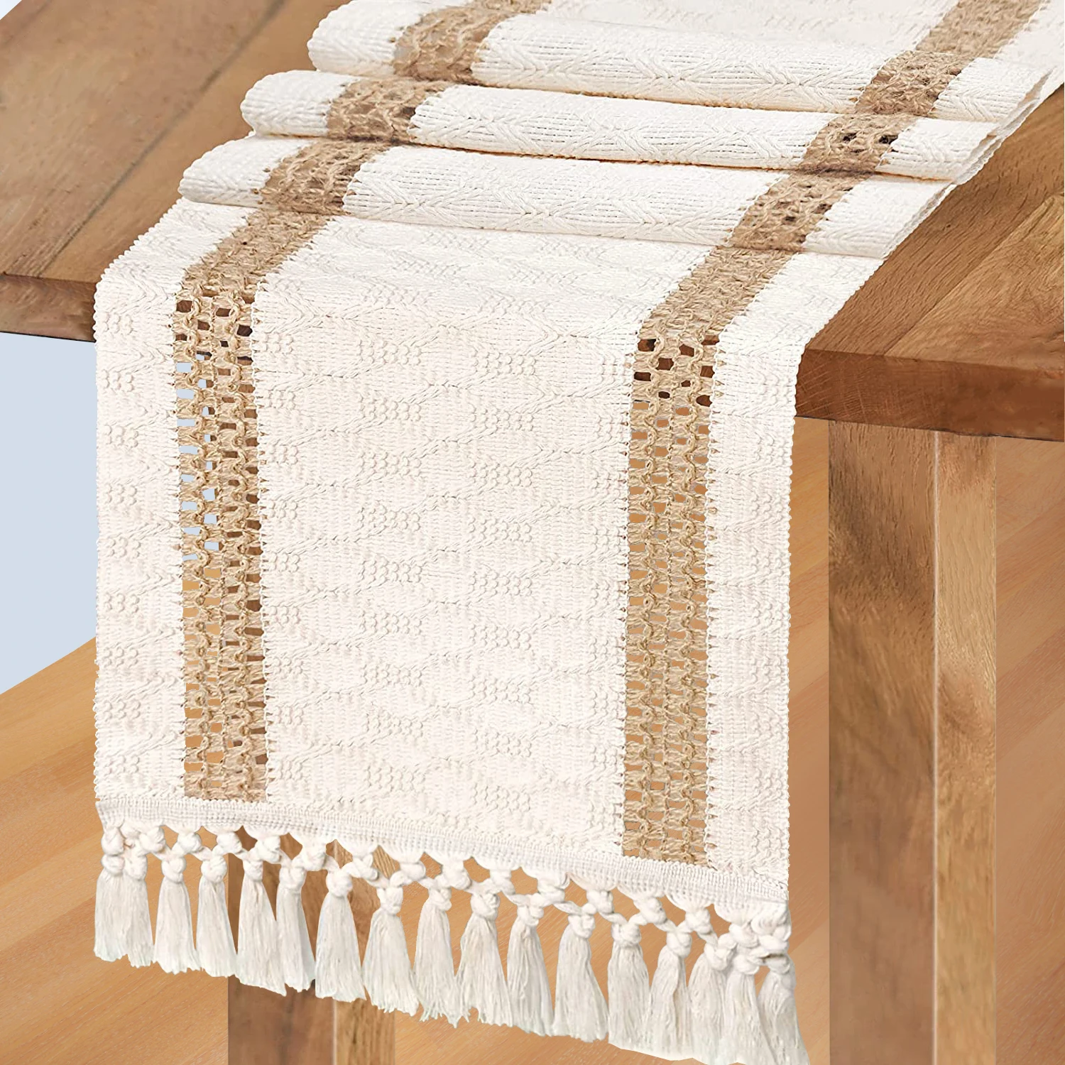 Vlovelife Macrame Table Runners Natural Burlap Splicing Cotton Boho Table Runner with Tassels Bohemian Rustic Home Wedding
