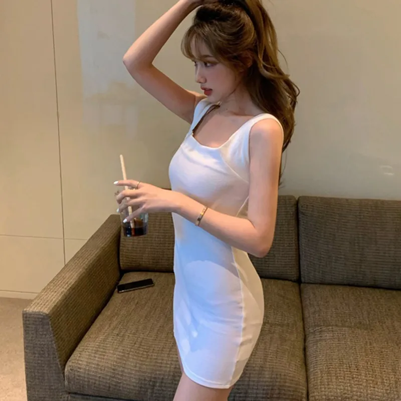 

Women Mini Dresses Solid Sleeveless Spaghetti Strap Party Bodycon Dress Backless Split Clubwear Midi Vestidos