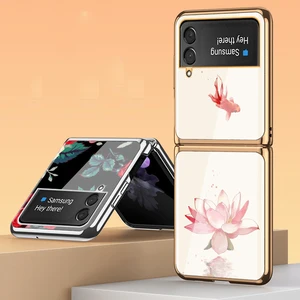 z flip 3 funda case for samsung galaxy z flip 3 z fold 3 rose lotus fish pattern plating tempered glass coque phone case cover free global shipping