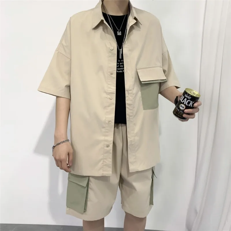 

2021 Summer Men's Sets Shirts And Shorts Fashion Oversize Suit Clothing Patchwork Cargo Pocket Short Sleeve Casual Streetwear
