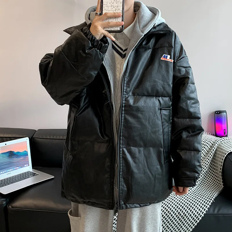 Fake Two-piece Hooded Cotton Coat Men 2021 Korean Fashion Ins Loose Casual PU Leather Coat Couple Cotton Coat Winter Jacket