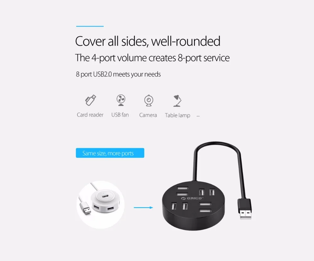 ORICO Мульти 8 портов USB 2,0 концентратор Высокоскоростной мини USB разветвитель адаптер с микро B порт питания Поддержка OTG для компьютера