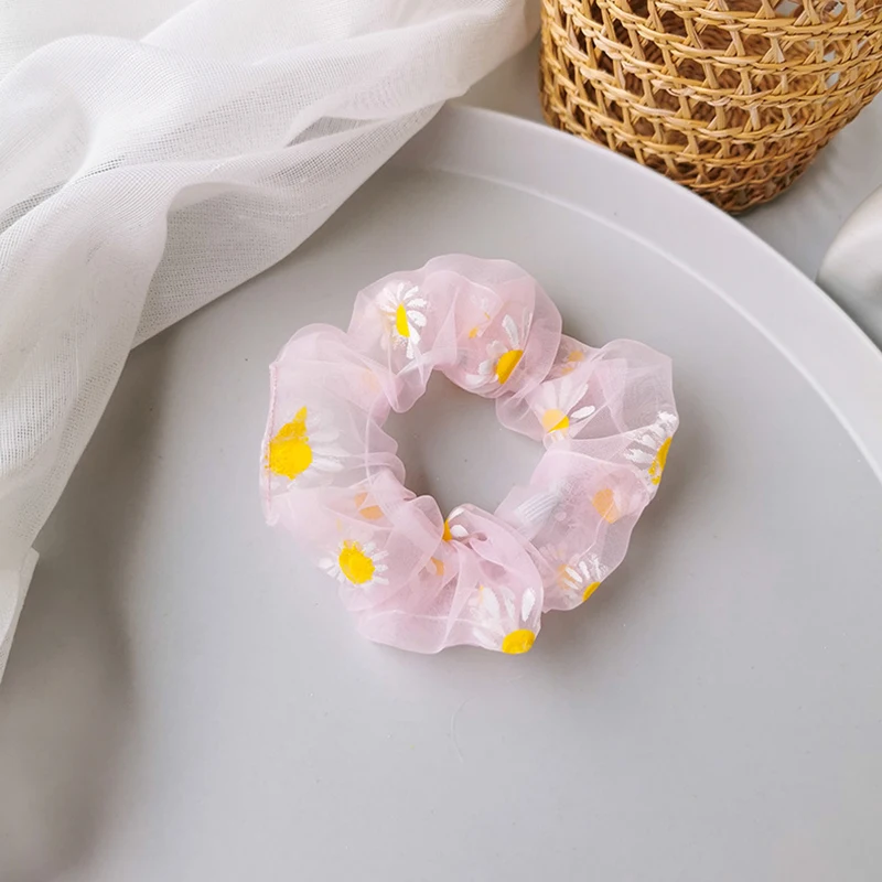 Hair Ring Daisy Elastic Bands Tie Net Accessories Floral Scrunchies Rubber Organza Hairbands Transparent Ponytail Pink |