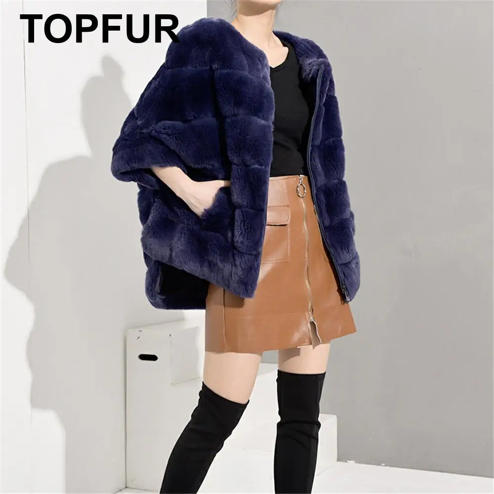 TOPFUR Rex Rabbit Fur Coat Women Real Fur Coat With Zipper Dark Purple Leather Jacket Dark Blue Winter Coat Women Plus Size