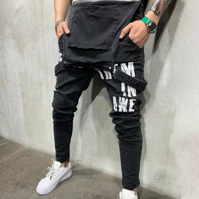 

Men Distressed Denim Jeans Overall Dungaree Coverall Jumpsuit Casual Long Pants