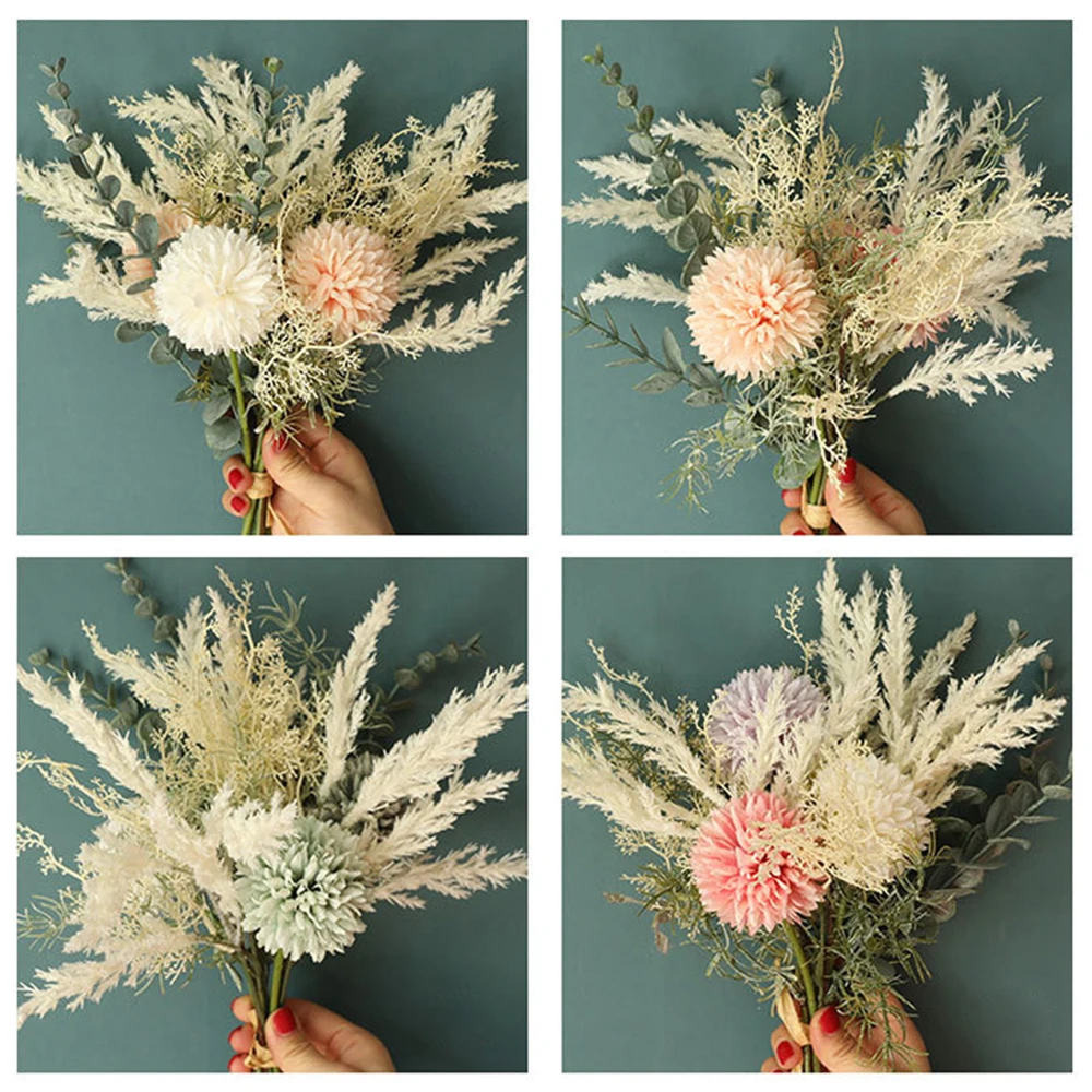

Multicolor Artificial Flowers High Quality Silk Dandelion Plastic Eucalyptus Hybrid Bouquet Wedding Home Decoration Fake Flower