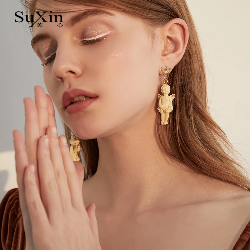 

SuXin earrings 2020 new simple retro angel kid sculpture earrings for women long acrylic pendant earrings jewelry gift