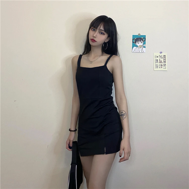 Винтажное летнее платье в стиле панк готика тонкое черное модное с разрезом