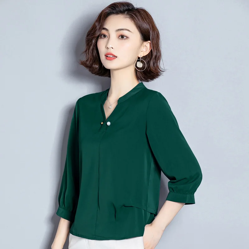 Женская шифоновая блузка COIGARSAM свободная с коротким рукавом темно-зеленый синий