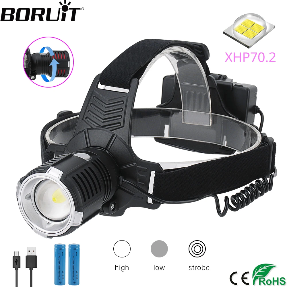 BORUiT XHP70.2 светодиодный Мощный налобный фонарь 4000лм с 3 режимным зумом