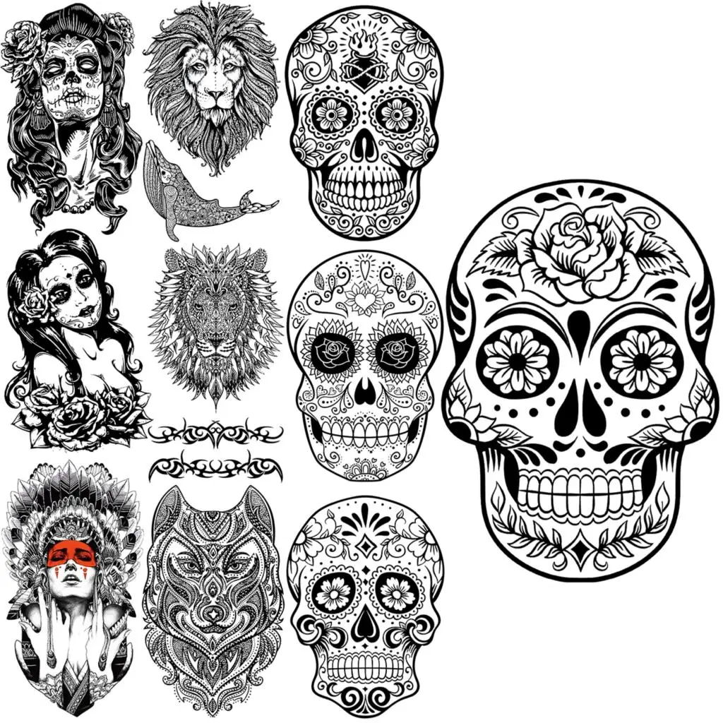 

Black Flower Skull Temporary Tattoos For Women Men Realistic Owl Lion Vampire Whale Thorns Fake Tattoo Sticker Back Arm Tatoos