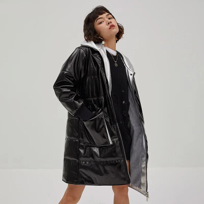 

Fashion warm bright glossy fabric pu leather jackets cotton coat female Locomotive oversize Windproof leather cotton coats F603