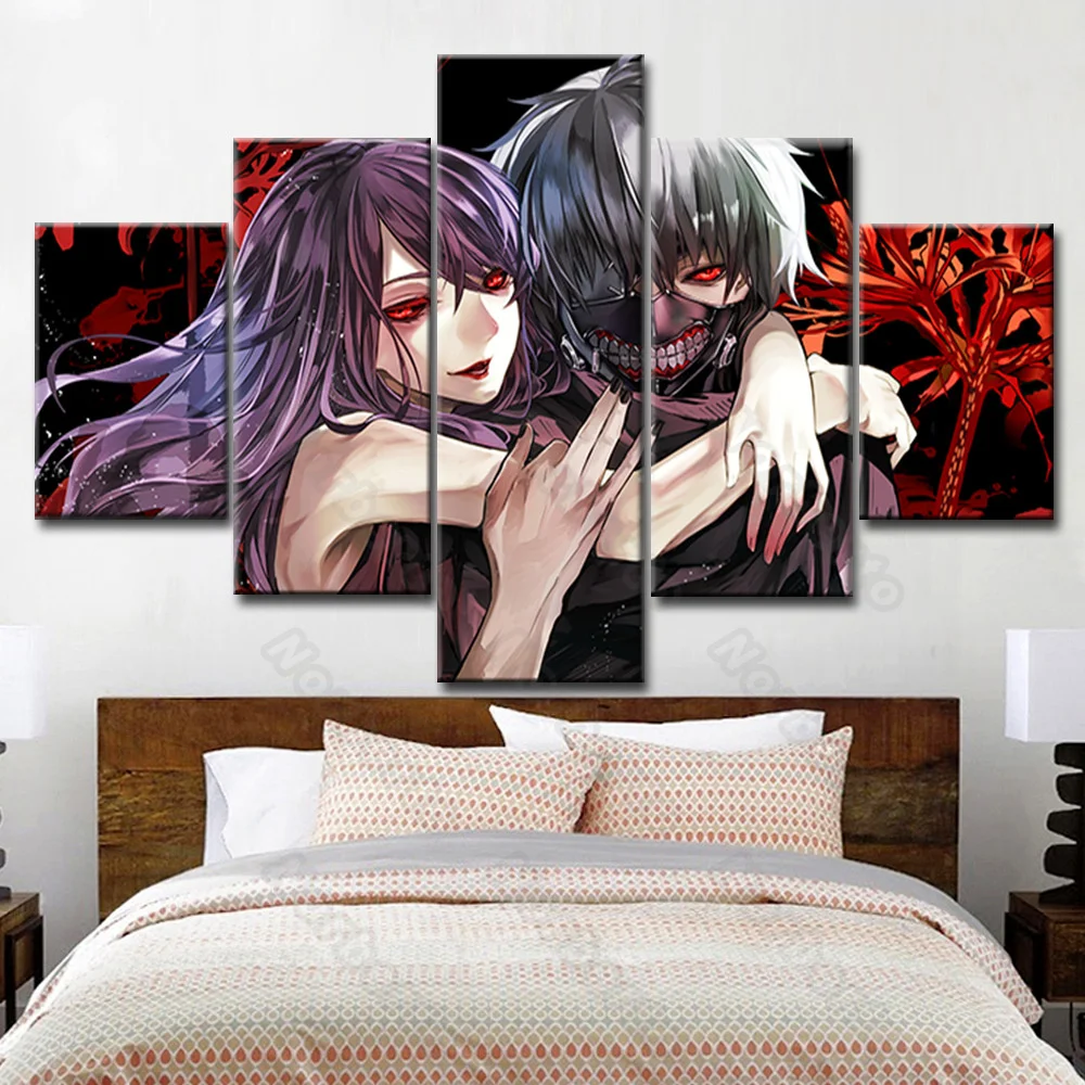 

5Pcs Hd Printed Wall Art Canvas Painting Poster Japanese Anime Tokyo Ghoul Characters with Hugging for Home Rooms Wall Decorat