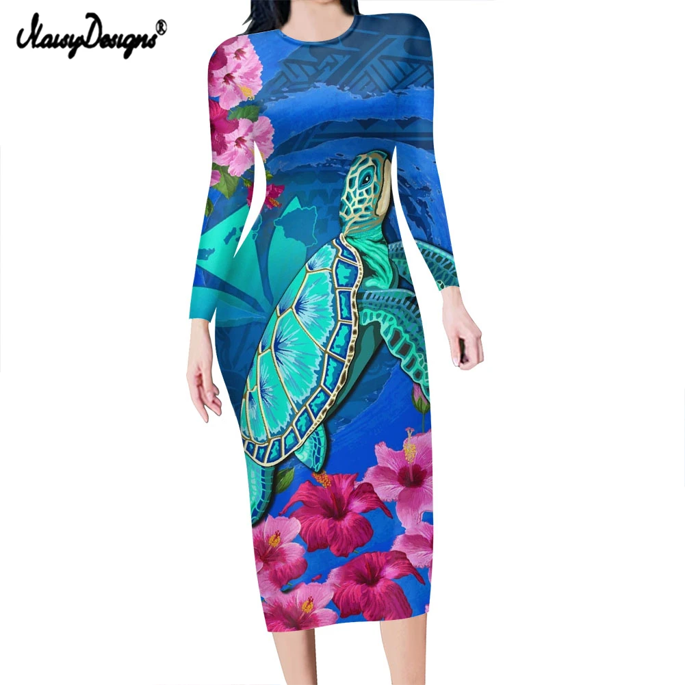 

NOISYDESIGNS Summer Sexy Women Bodycon Dress Hawaii Polynesian Hibiscus Turtle Printing Lady Long Sleeves Casual Pencil Dress