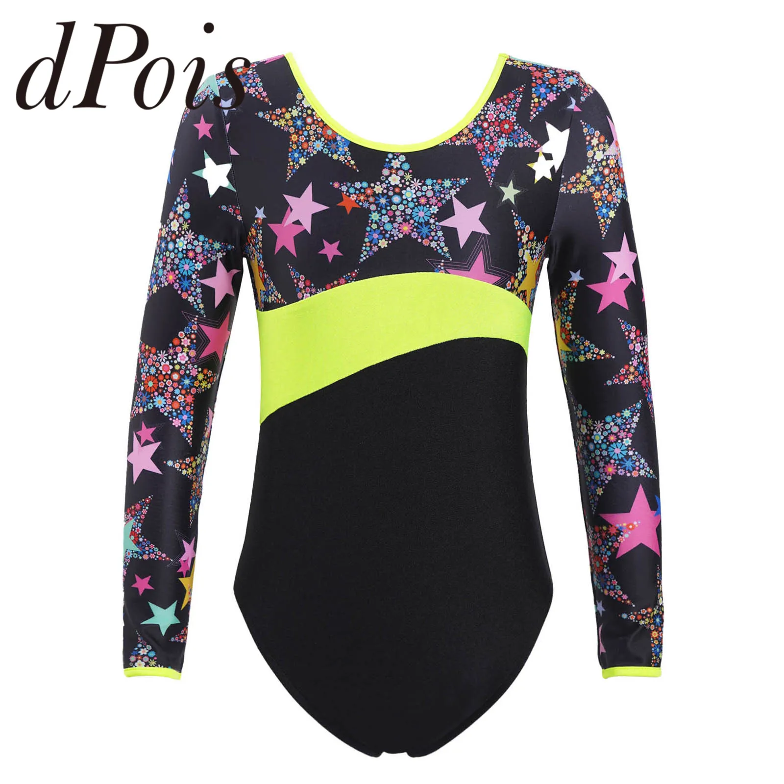 

Kids Girls One-piece Swimwear Long Sleeves Stars Print Swimsuits Bathing Suit Beach Wear Children Dance Leotard Bodysuit