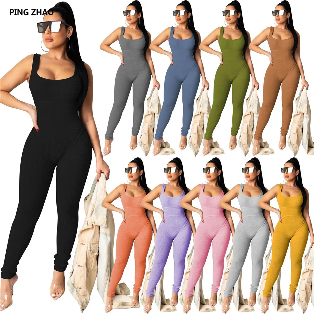 

PING ZHAO New Women Low Neck Sleeveless Skinny Bodysuit Casual Fitness Sporty Romper Summer Outfits