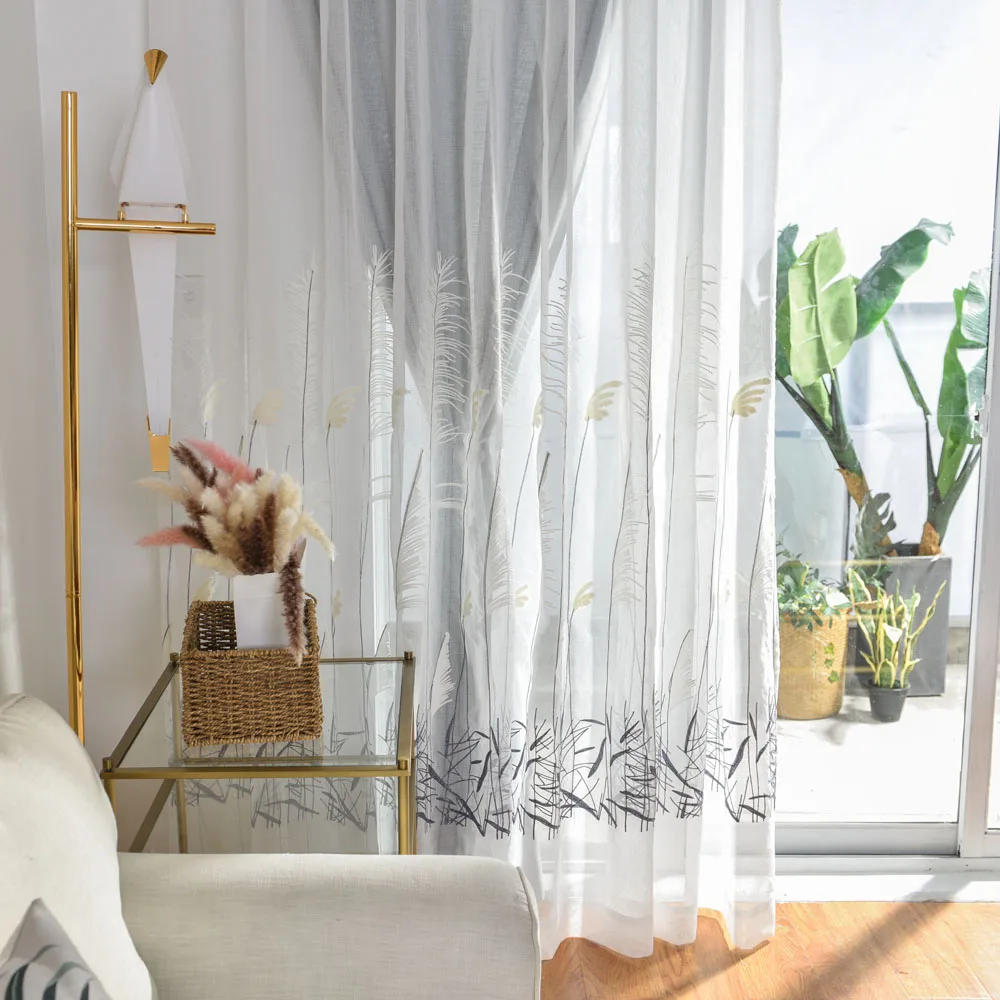 Занавеска серая для окна спальни занавеска с растениями гостиной белая Тюлевая s