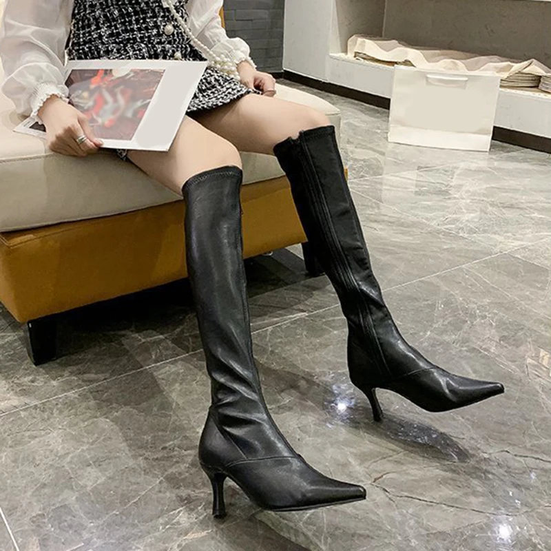 

sexy Women Leather shoes Thigh High Boots Winter Upper High Tube Knee Boots Zipper Point Toe Wear-Resisting Stiletto hot Boots